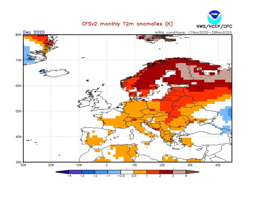 1. Ábra: a CFS modell hőmérsékleti anomália előrejelzése decemberre.