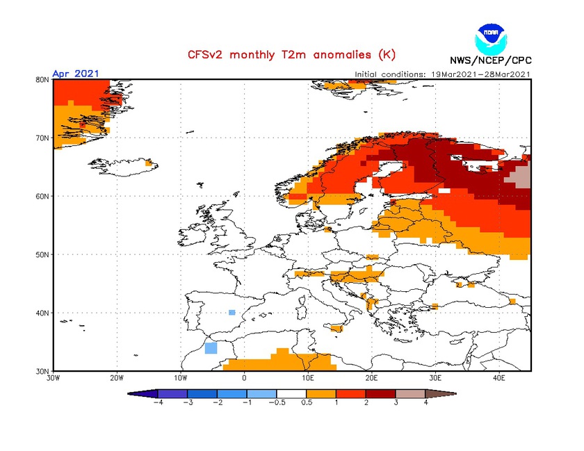 1. Ábra: a CFS modell hőmérsékleti anomália előrejelzése áprilisra.