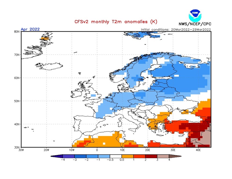 1. Ábra: a CFS modell hőmérsékleti anomália előrejelzése áprilisra.